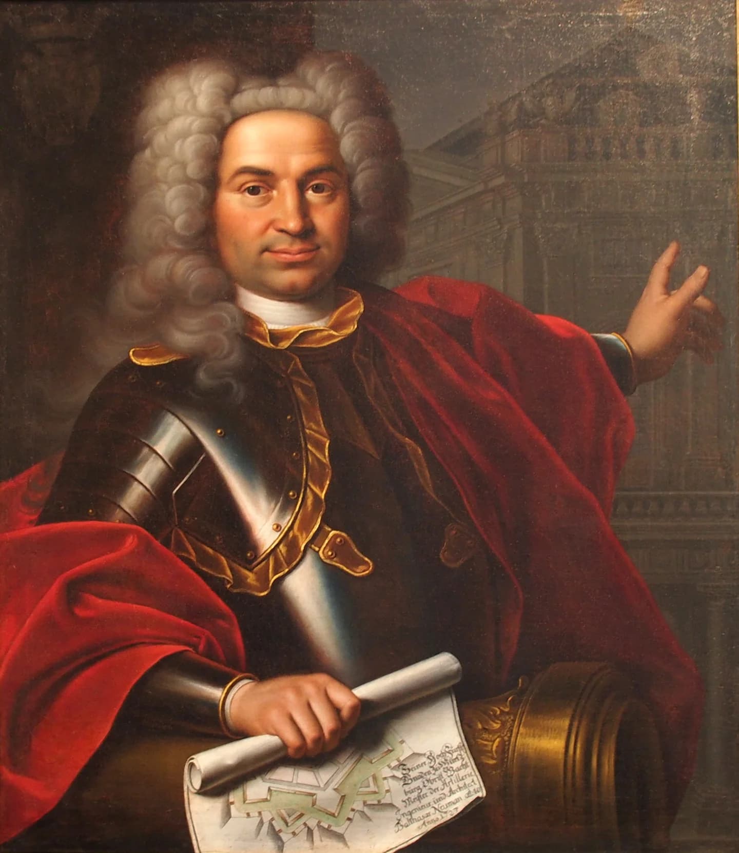 Balthasar Neumann, painted by Marcus Friedrich Kleinert in 1727. Historical oil portrait in the Museum für Franken, reproduced through Wikimedia Commons.
